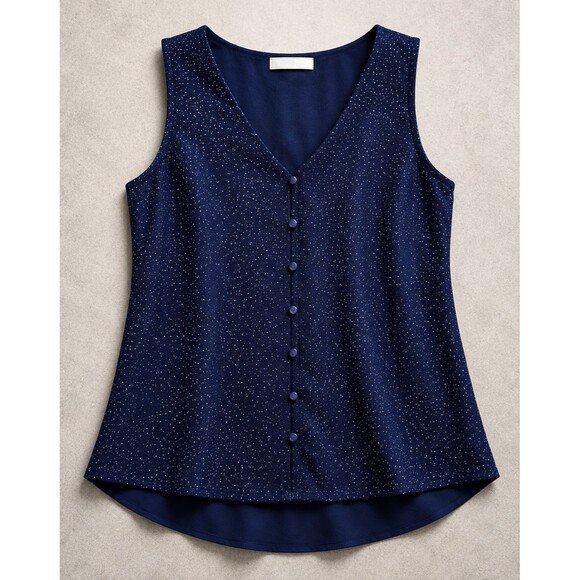 Notations Tops - Notations Shimmer Blouse Navy Glitter Sleeveless Button Front Top Womens PM